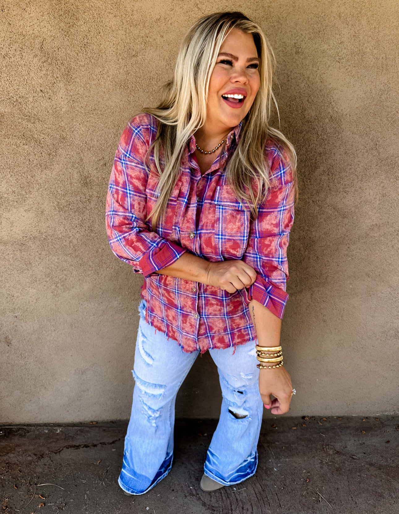 Blakeley-Ryann Bleached Plaid Top