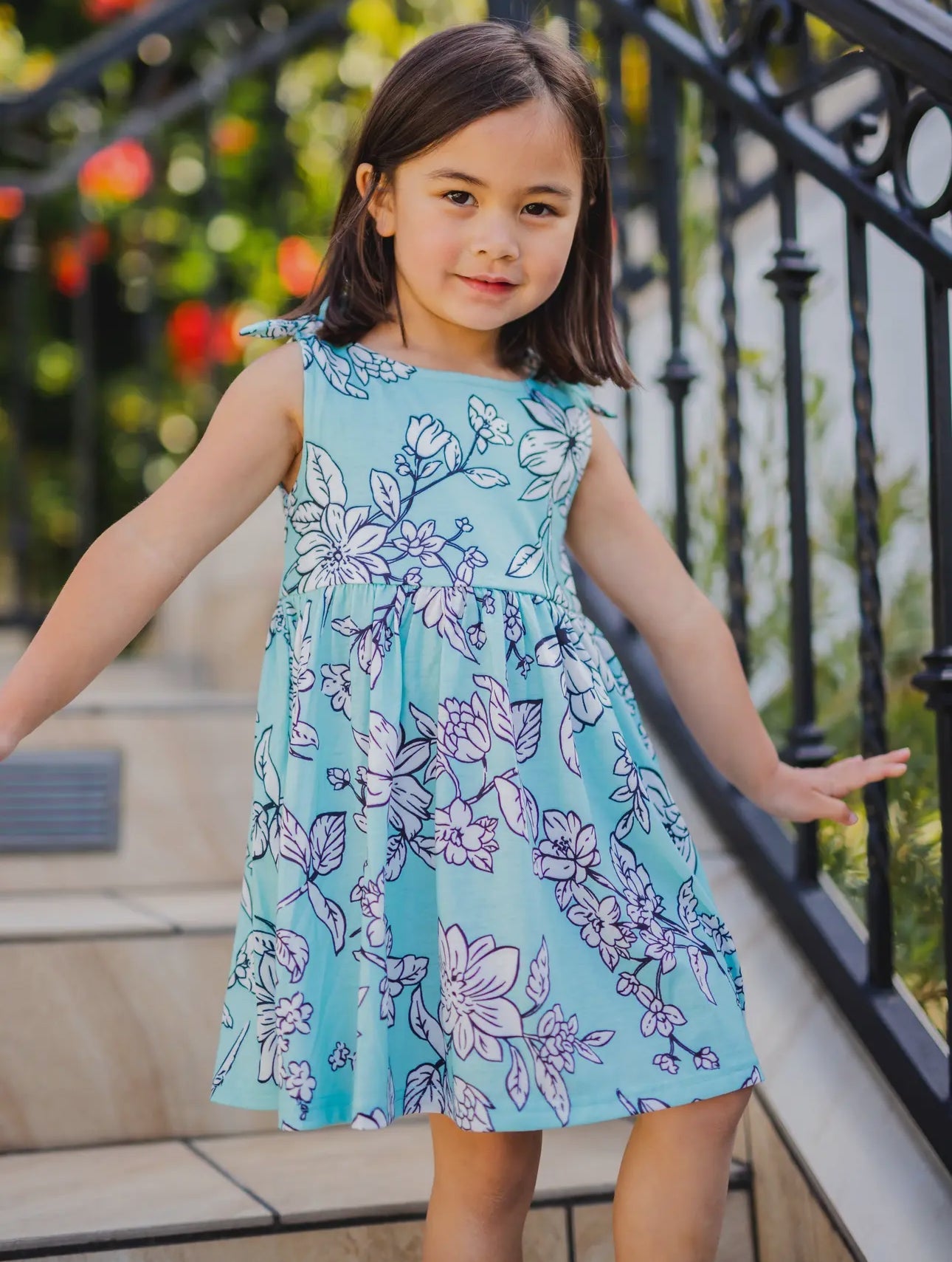 Kids-Floral White Blue Knotted Shoulder Tank Dress