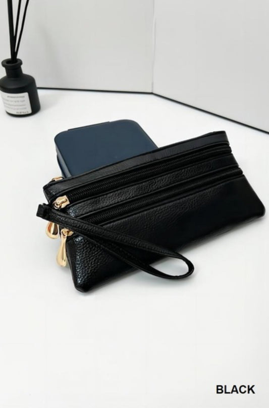 VEGAN LEATHER TRIPLE ZIP WRIST WALLET CLUTCH PURSE