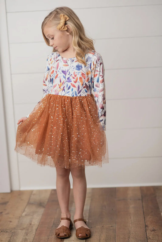 Kids Autumn Fall Floral Print Tulle Sparkle Dress