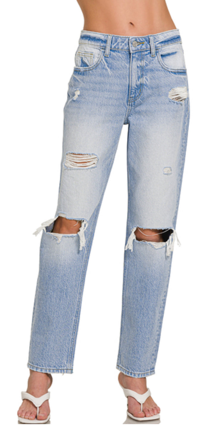 High-rise distressed straight leg denim pants