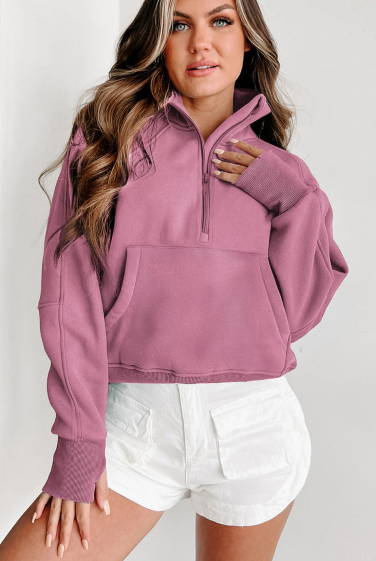 Fleece Lined Zip Up Stand Collar Thumbhole Sleeve Sweatshirt