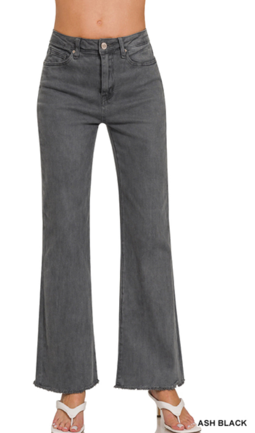 Zenana ACID WASHED FRAYED CUTOFF HEM STRAIGHT WIDE PANTS