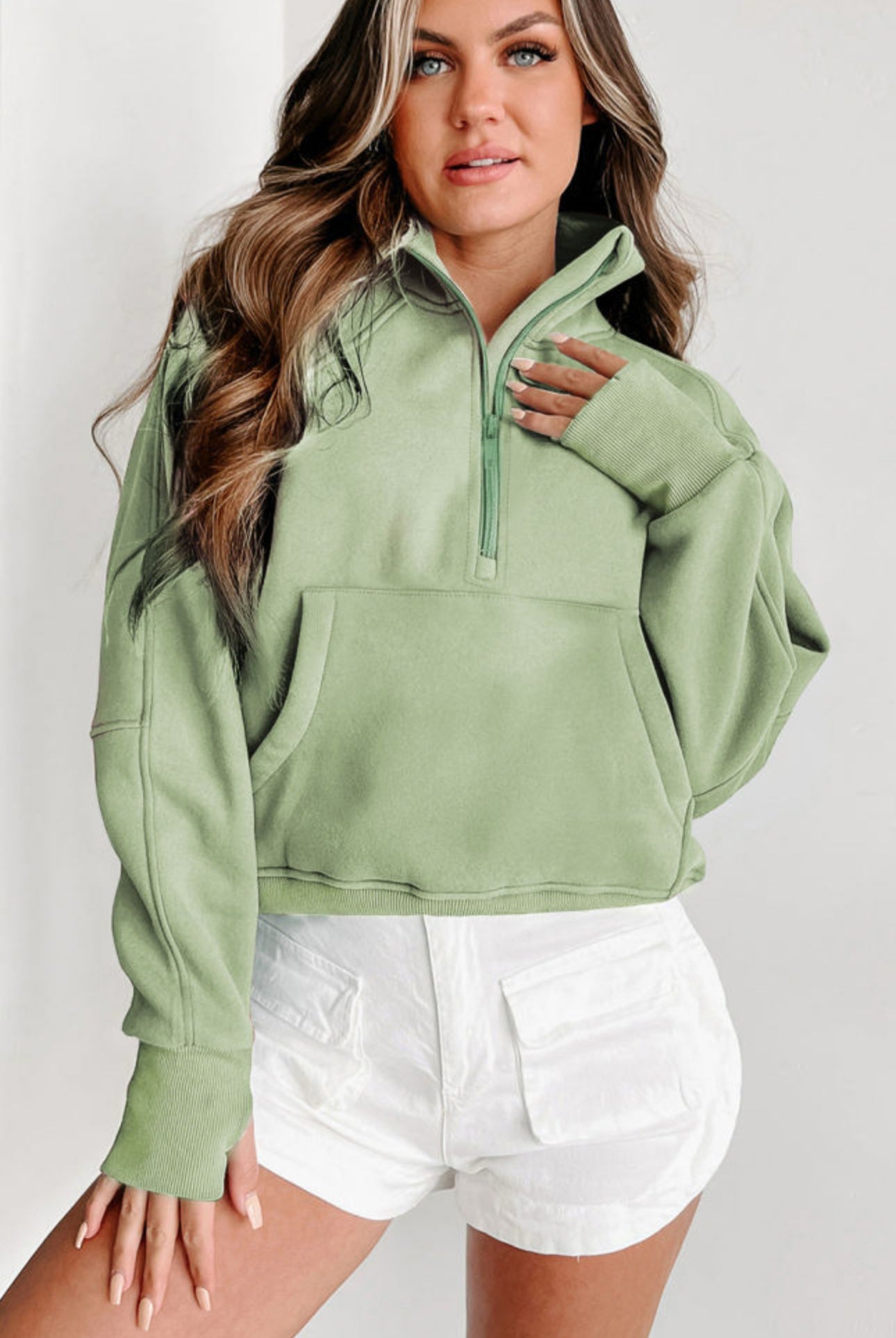 Fleece Lined Zip Up Stand Collar Thumbhole Sleeve Sweatshirt