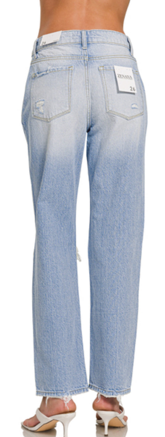 High-rise distressed straight leg denim pants