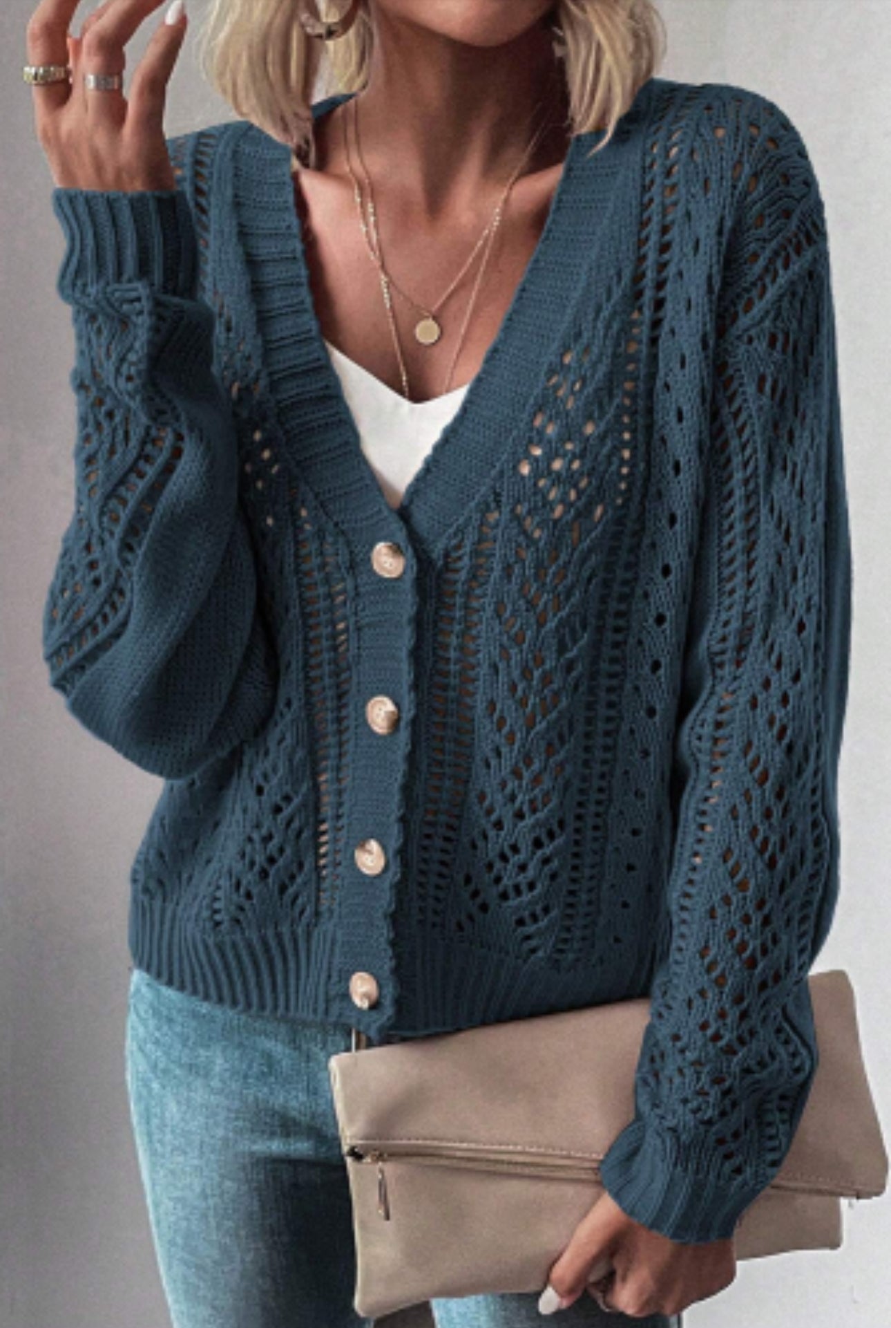 Teal Open Knit Drop Shoulder Sweater Cardigan
