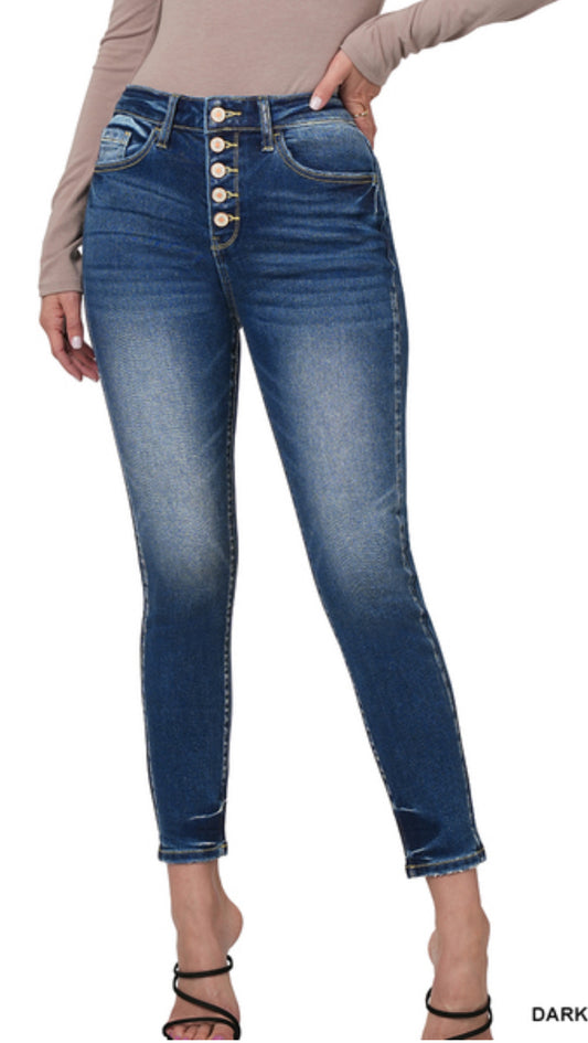 Zenana HIGH RISE BUTTON FLY ANKLE SKINNY DENIM PANTS