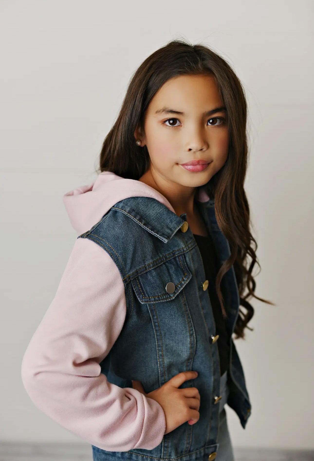 Kids Pink Sleeve Denim Jacket with Hood