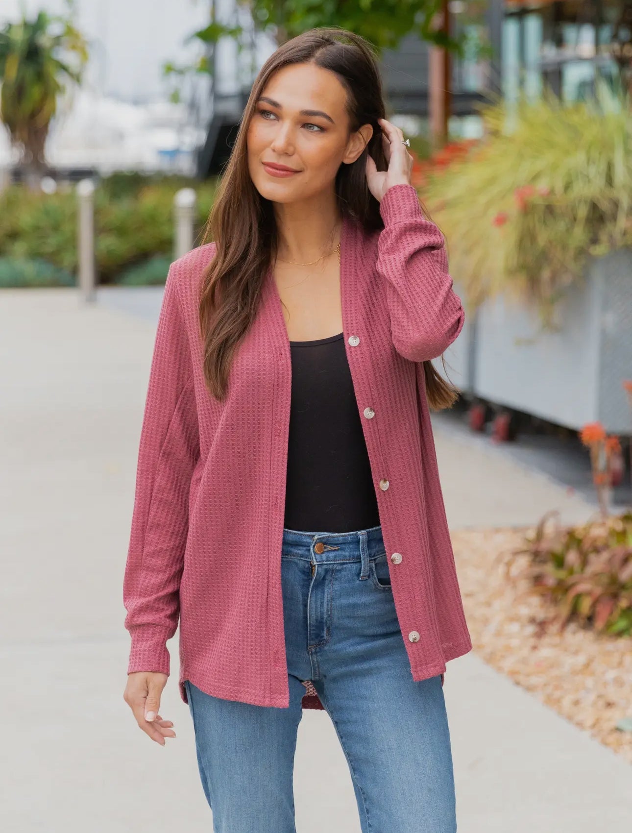 Mauve Waffle Knit Button Dutch Cardigan