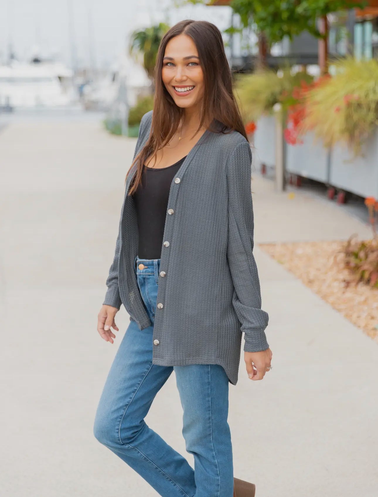 Gray Waffle Knit Button Dutch Cardigan