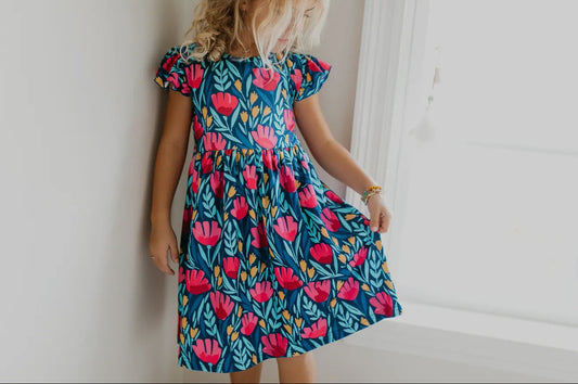 Kids Blue Floral Flutter Sleeve Summer Dress