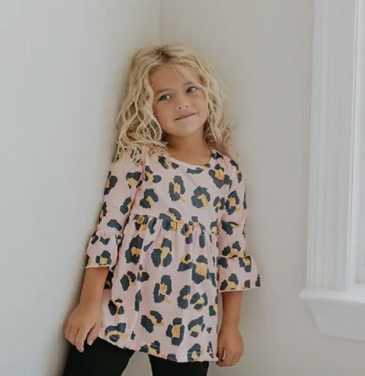 Kids Fall Winter Pink Leopard Ruffle Sleeve Shirt Blouse