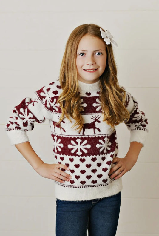 Kids Fuzzy Soft Burgundy Reindeer & Heart Winter Sweater