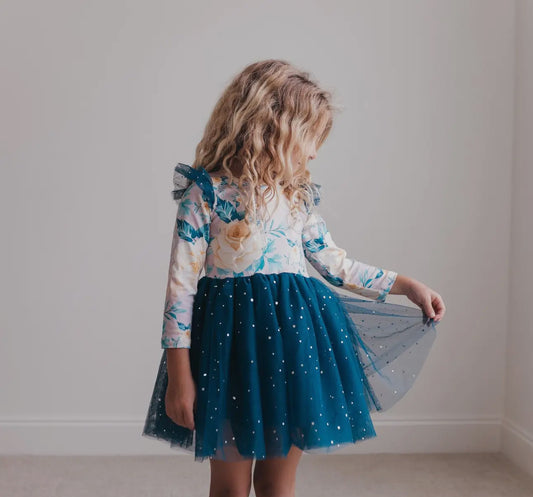 Kids Teal Blue Floral Print Sparkle Tulle Dress