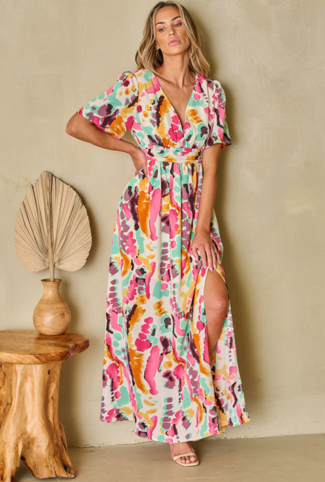 Pink Boho Tie-dye Print V Neck Maxi Dress