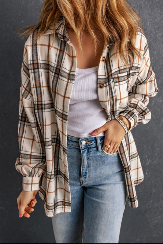 White Oversized Plaid Pattern Shacket with Slits