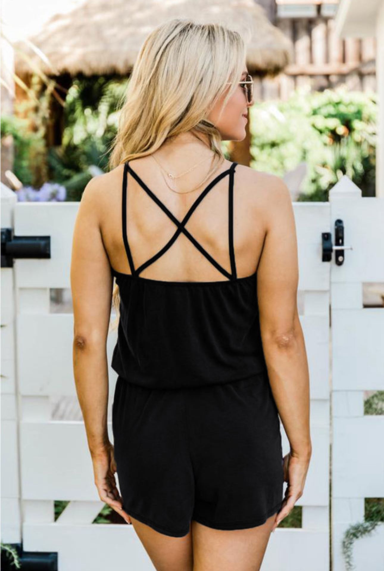 Black Spaghetti Straps V Neck Crisscross Back Romper