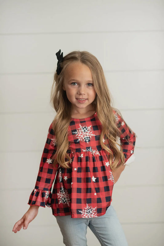 Kids Buffalo Check Winter Snowflake Holiday Ruffle Shirt