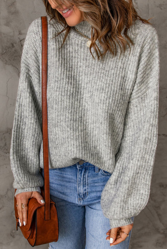 Gray High Neck Drop Shoulder Plain Sweater