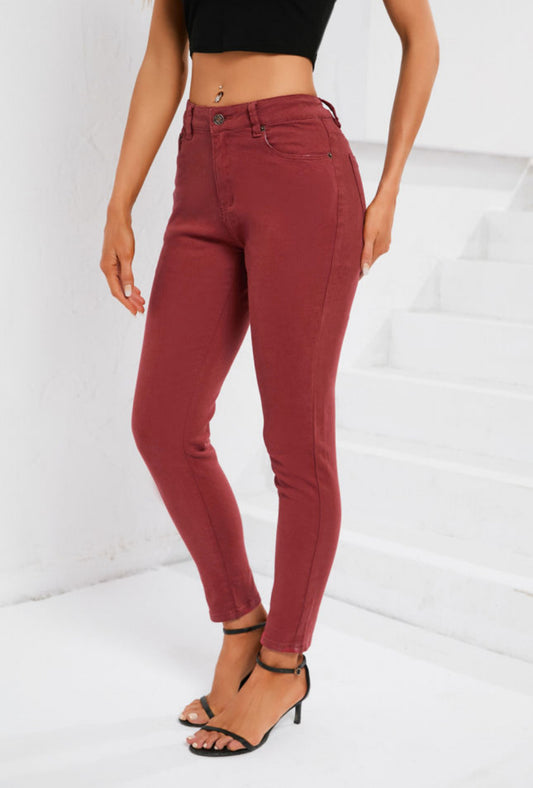 Red-Mid Rise Solid Color Skinny Jeans