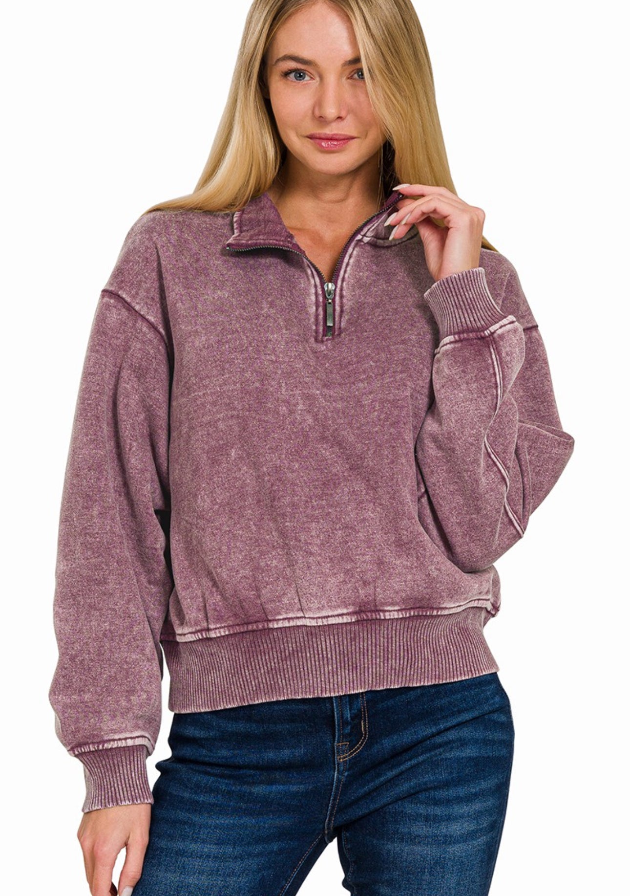 ACID WASH FLEECE HALF ZIP PULLOVER