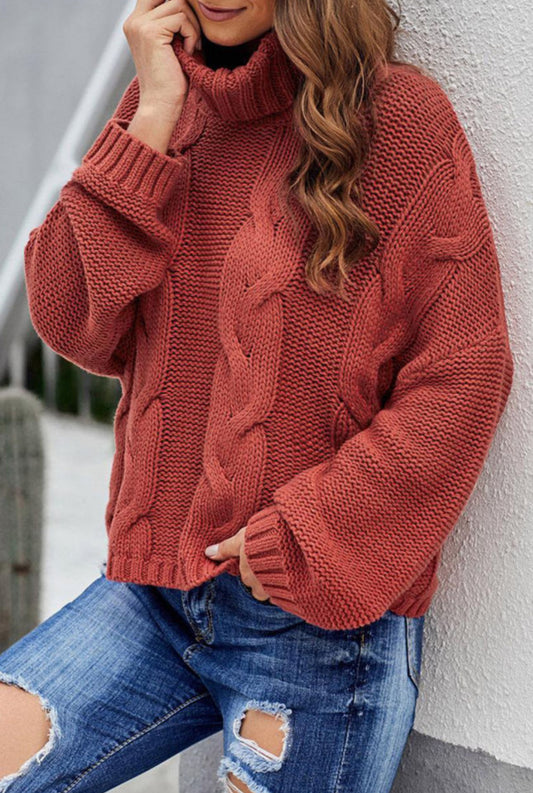 Red Cuddle Weather Cable Knit Handmade Turtleneck Sweater