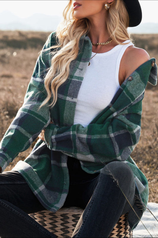 Green Plaid Print Buttoned Shirt Jacket