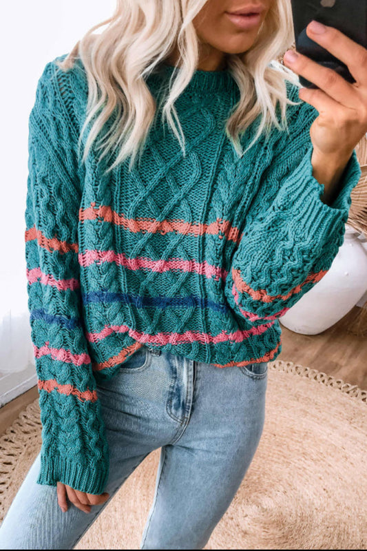 Green Striped Color Block Textured Knit Pullover Sweater