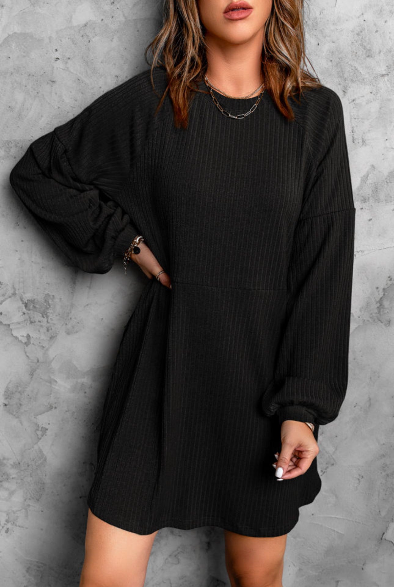 Black Round Neck Empire Waist Ribbed Knit Dress