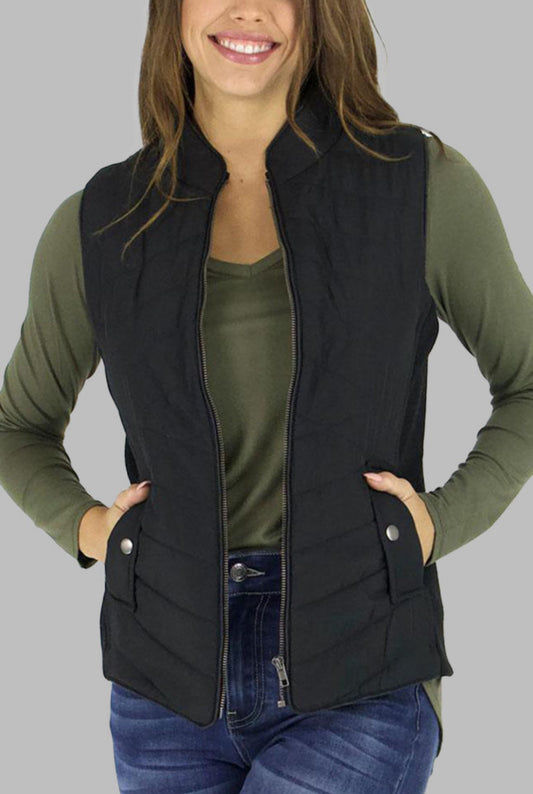 Black Zip-up Side Pockets Puffer Vest