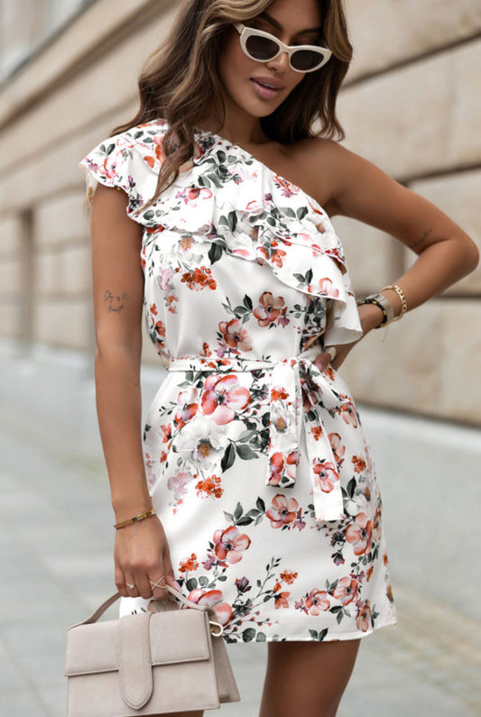 White Ruffled One Shoulder Tie High Waist Floral Dress