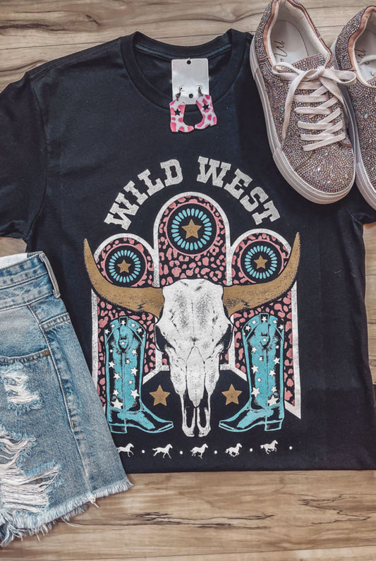 Black WILD WEST Steer Skull Graphic Print Short Sleeve T Shirt