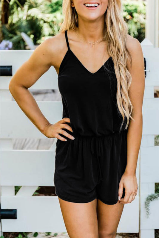 Black Spaghetti Straps V Neck Crisscross Back Romper