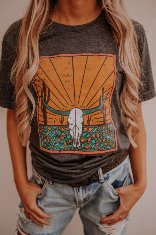 Gray Western Steer Skull Graphic Print Crew Neck T Shirt