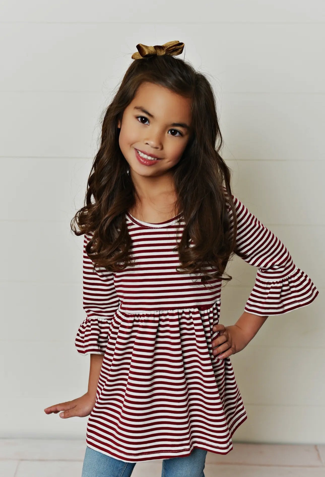 Kids Maroon Stripe Ruffle Sleeve Shirt Blouse