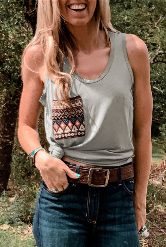 Gray Ethnic Pattern Chest Pocket Casual Tank Top