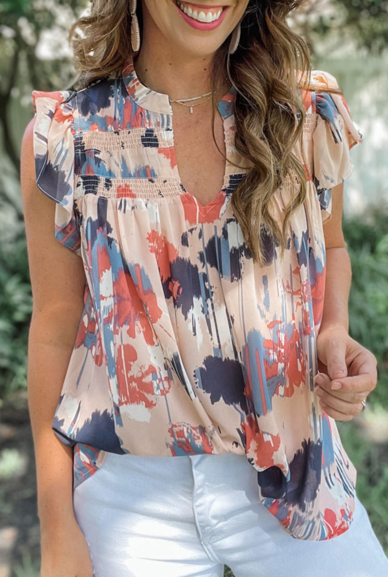 Pink Abstract Print V Neck Shirred Ruffled Sleeveless Top