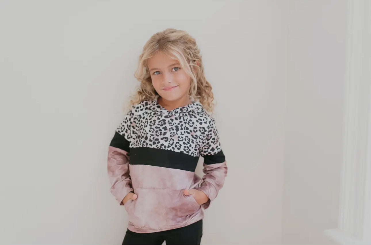 Kids Pink Black Leopard Print Long Sleeve Hoodie Shirt