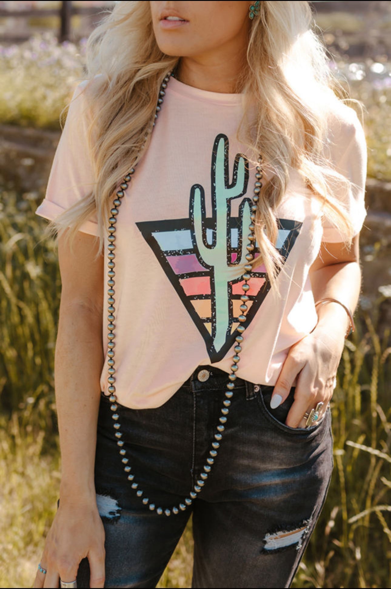 Pink Western Cactus Color Block Short Sleeve T-shirt