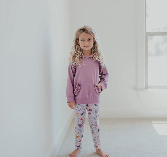 Kids Lavender Floral Ruffle Hoodie Shirt and Leggings Set